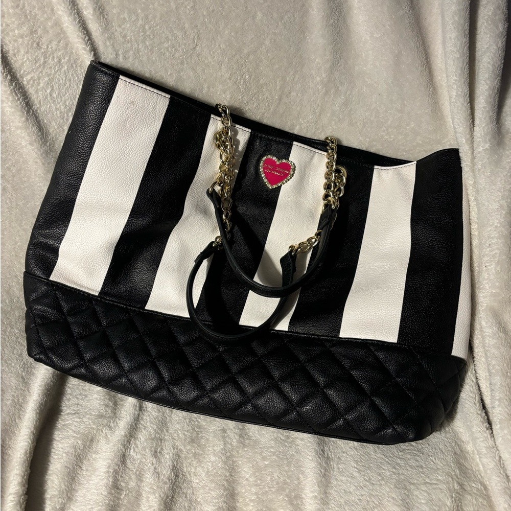 Betsey Johnson Black White Striped Tote Bag Handbag Gold Chain Handles Large